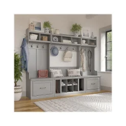 Bush Furniture Woodland Full Entryway Storage Set with Coat Rack and Shoe Bench with Drawers, Cape Cod Gray (WDL014CG)