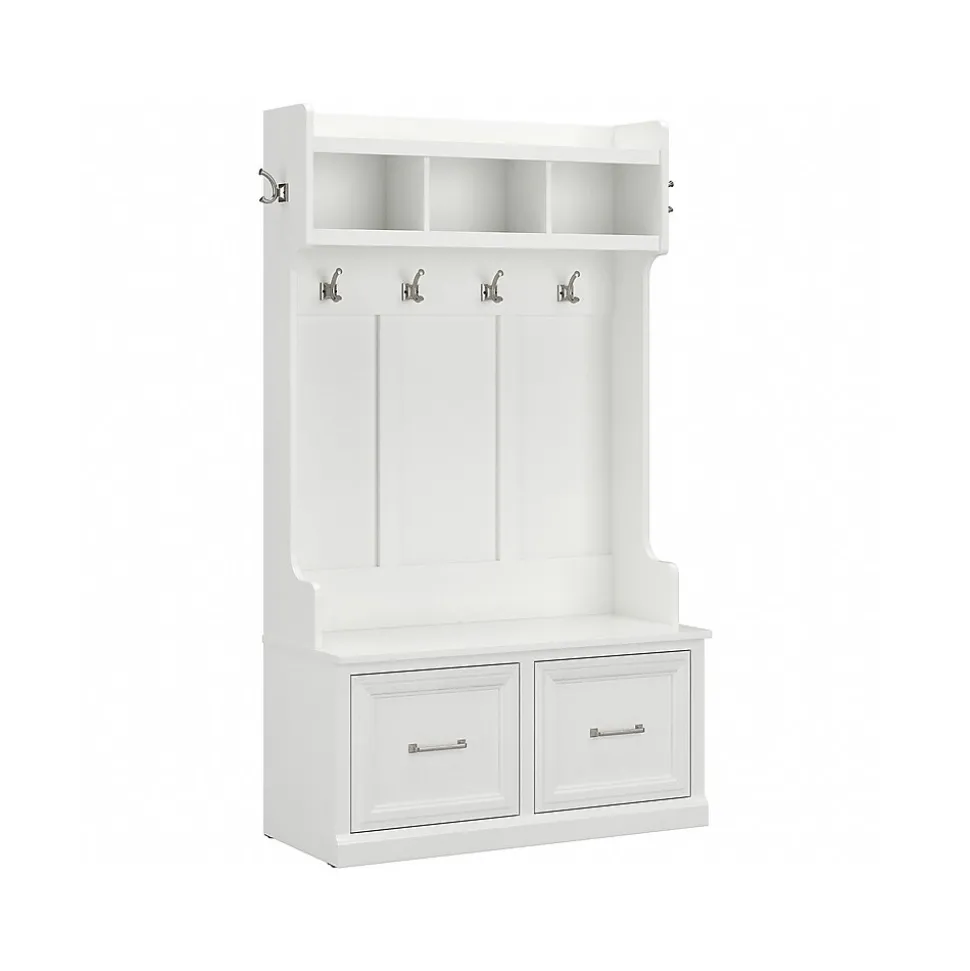 Bush Furniture Woodland 40W Hall Tree and Shoe Storage Bench with Doors, White Ash (WDL001WAS)