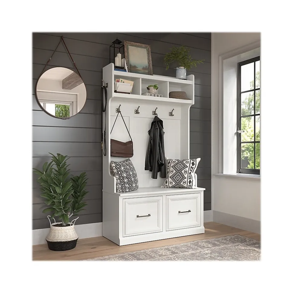 Bush Furniture Woodland 40W Hall Tree and Shoe Storage Bench with Doors, White Ash (WDL001WAS)