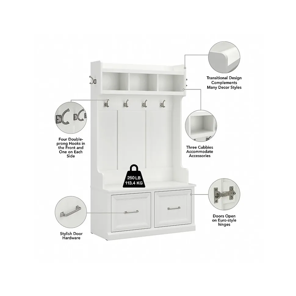 Bush Furniture Woodland 40W Hall Tree and Shoe Storage Bench with Doors, White Ash (WDL001WAS)