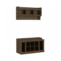 Bush Furniture Woodland 40W Shoe Storage Bench with Shelves and Wall Mounted Coat Rack, Ash Brown (WDL004ABR)