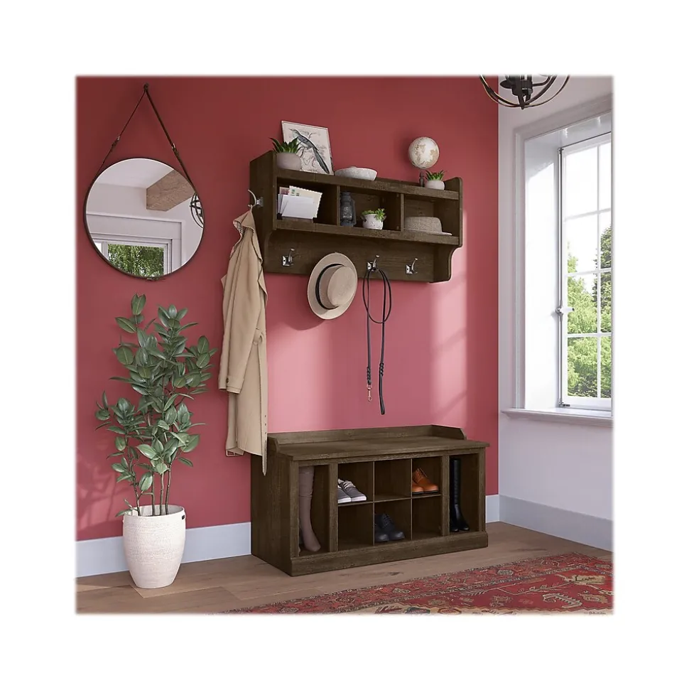 Bush Furniture Woodland 40W Shoe Storage Bench with Shelves and Wall Mounted Coat Rack, Ash Brown (WDL004ABR)