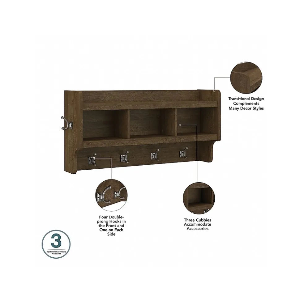 Bush Furniture Woodland 40W Shoe Storage Bench with Shelves and Wall Mounted Coat Rack, Ash Brown (WDL004ABR)