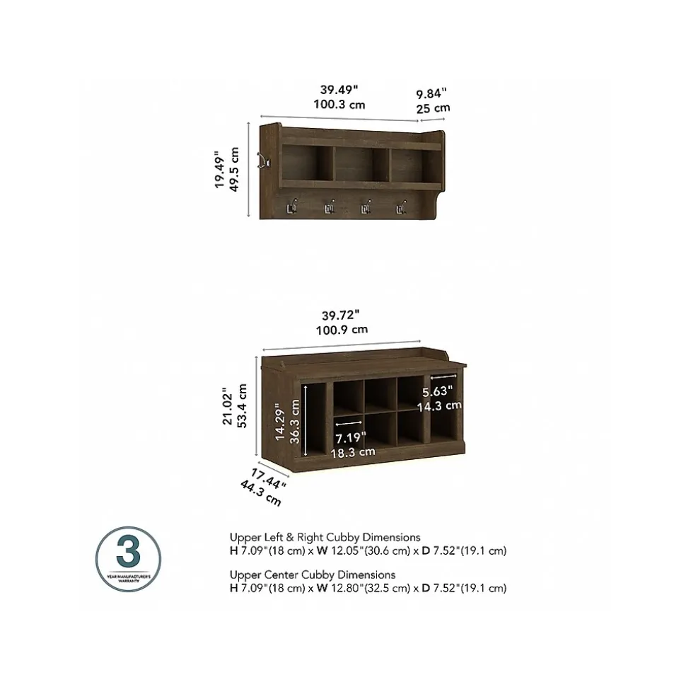 Bush Furniture Woodland 40W Shoe Storage Bench with Shelves and Wall Mounted Coat Rack, Ash Brown (WDL004ABR)