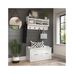 Bush Furniture Woodland 40W Shoe Storage Bench with Doors and Wall Mounted Coat Rack, White Ash (WDL003WAS)