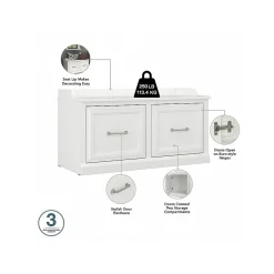 Bush Furniture Woodland 40W Shoe Storage Bench with Doors and Wall Mounted Coat Rack, White Ash (WDL003WAS)
