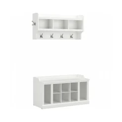 Bush Furniture Woodland 40W Shoe Storage Bench with Shelves and Wall Mounted Coat Rack, White Ash (WDL004WAS)