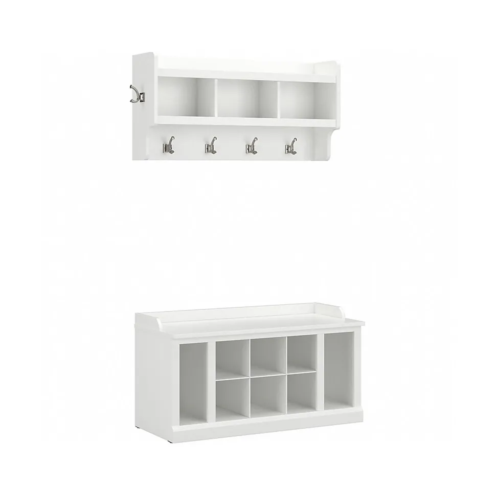Bush Furniture Woodland 40W Shoe Storage Bench with Shelves and Wall Mounted Coat Rack, White Ash (WDL004WAS)