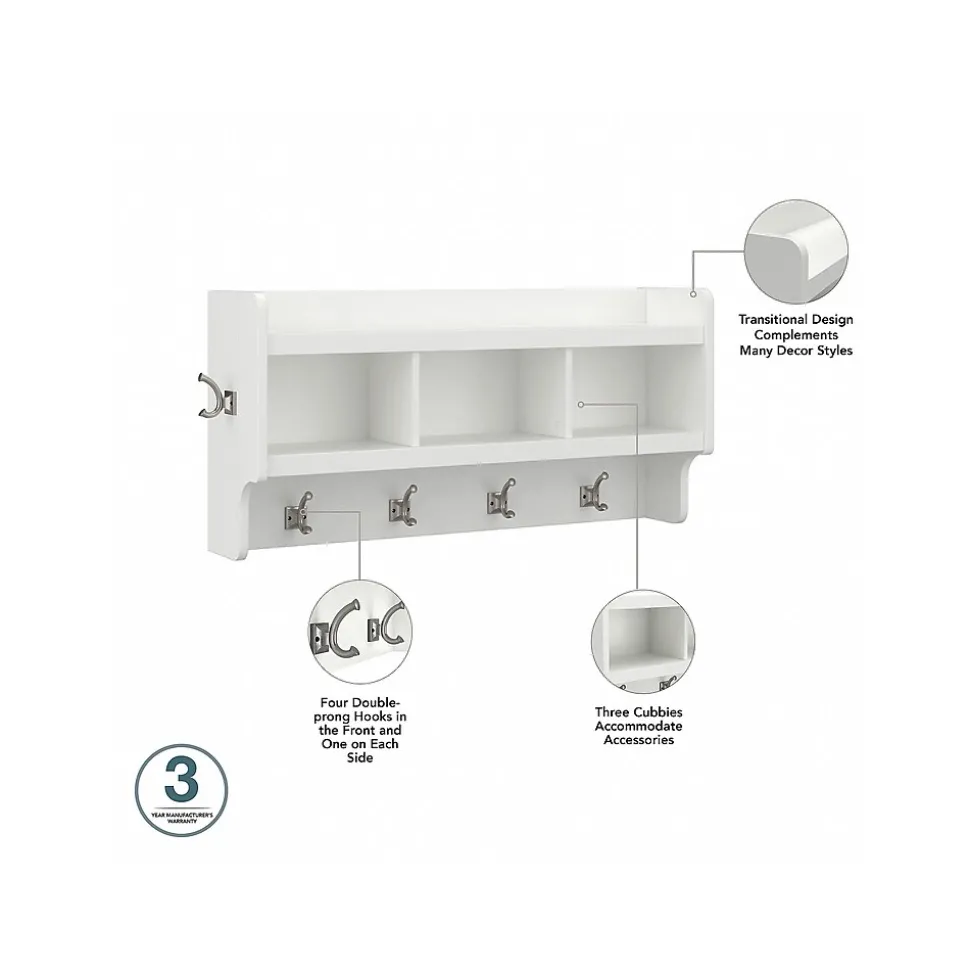 Bush Furniture Woodland 40W Shoe Storage Bench with Shelves and Wall Mounted Coat Rack, White Ash (WDL004WAS)