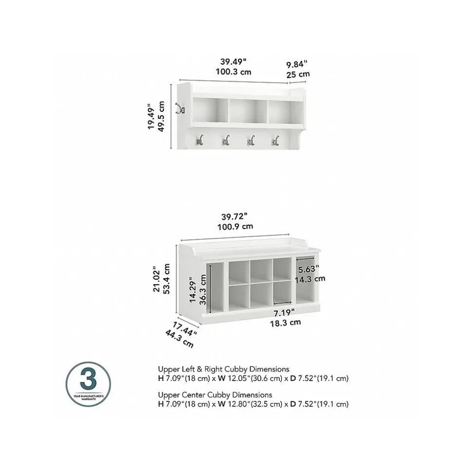Bush Furniture Woodland 40W Shoe Storage Bench with Shelves and Wall Mounted Coat Rack, White Ash (WDL004WAS)