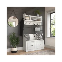 Bush Furniture Woodland 40W Entryway Bench with Doors and Wall Mounted Coat Rack, White Ash (WDL009WAS)