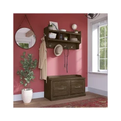 Bush Furniture Woodland 40W Shoe Storage Bench with Doors and Wall Mounted Coat Rack, Ash Brown (WDL003ABR)