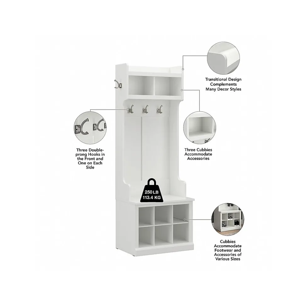 Bush Furniture Woodland 24W Hall Tree and Small Shoe Bench with Shelves, White Ash (WDL008WAS)