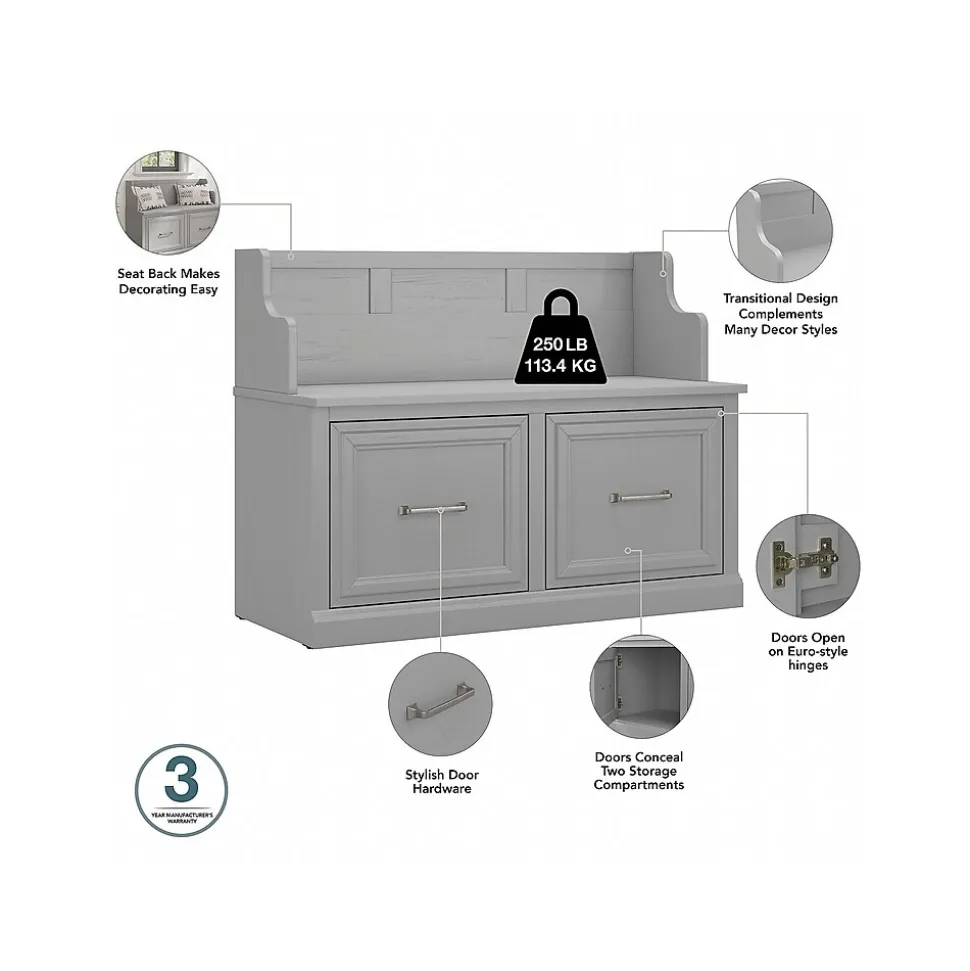 Bush Furniture Woodland 40W Entryway Bench with Doors and Wall Mounted Coat Rack, Cape Cod Gray (WDL009CG)