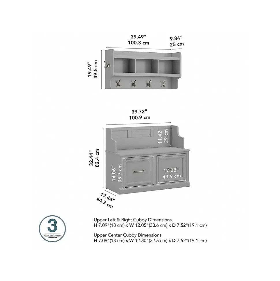 Bush Furniture Woodland 40W Entryway Bench with Doors and Wall Mounted Coat Rack, Cape Cod Gray (WDL009CG)
