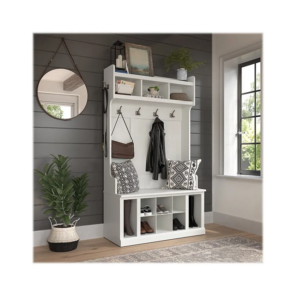 Bush Furniture Woodland 40W Hall Tree and Shoe Storage Bench with Shelves, White Ash (WDL002WAS)