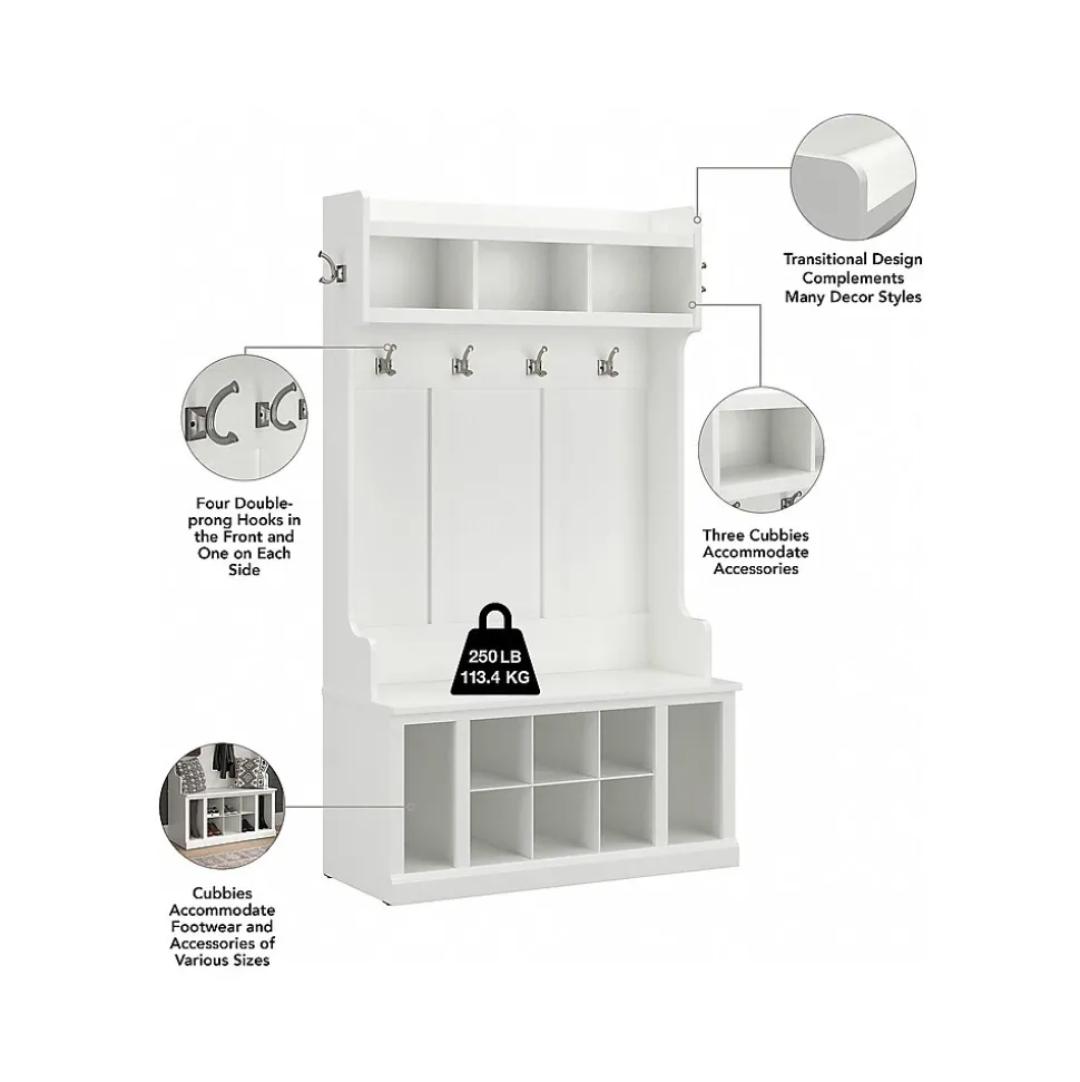 Bush Furniture Woodland 40W Hall Tree and Shoe Storage Bench with Shelves, White Ash (WDL002WAS)
