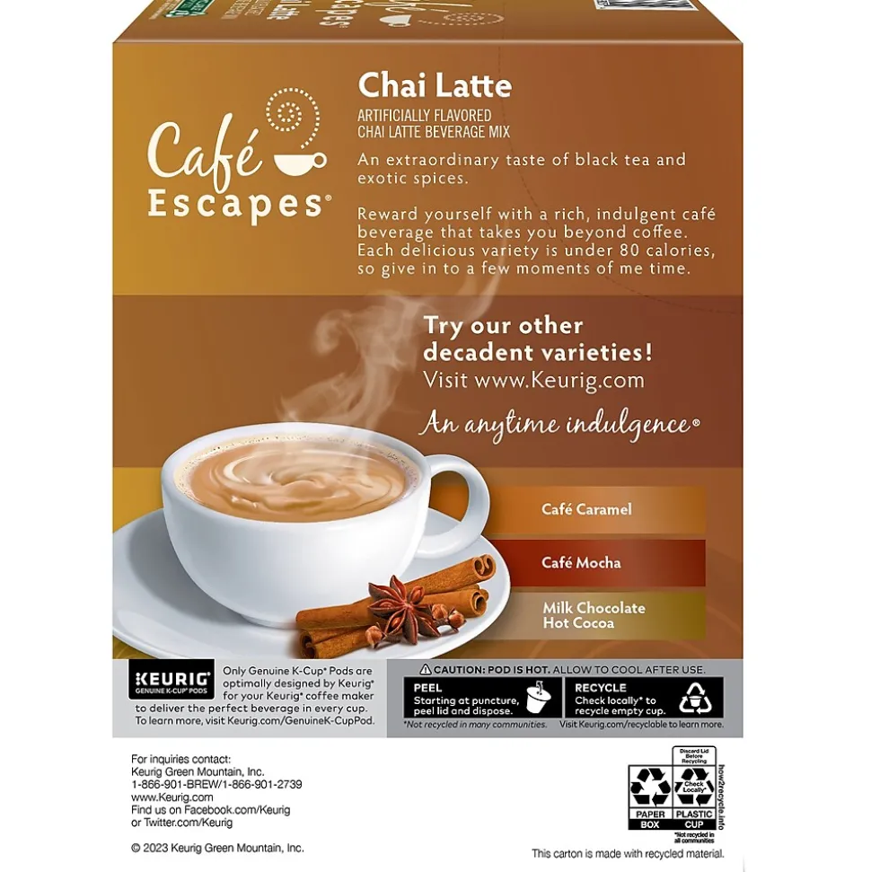 Cafe Escapes Chai Latte Coffee, Keurig® K-Cup® Pods, Light Roast, 24/Box (6805)