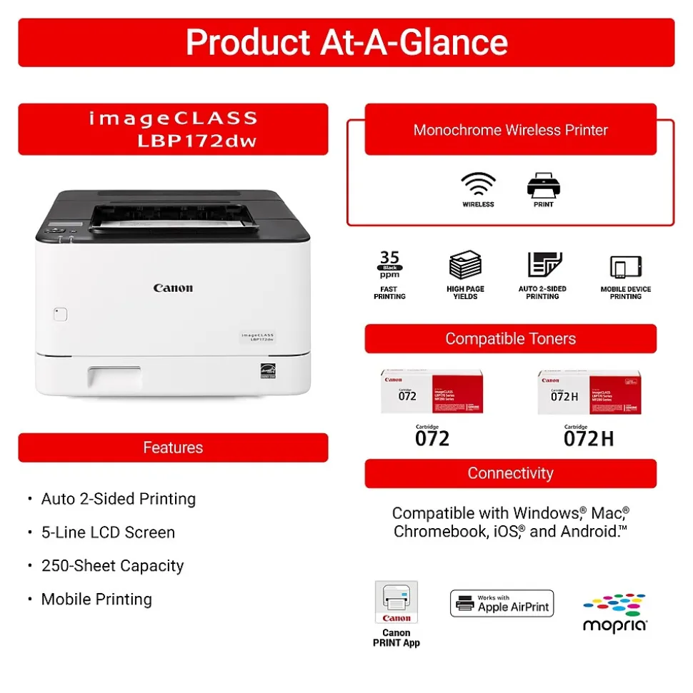 Canon imageCLASS LBP172dw Wireless Black & White Laser Printer, Single-Function, Print (6353C004)