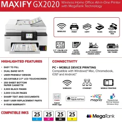 Canon MAXIFY GX2020 Wireless Color Inkjet Printer, All-In-One, Print, Scan, Copy, Fax (GX2020)