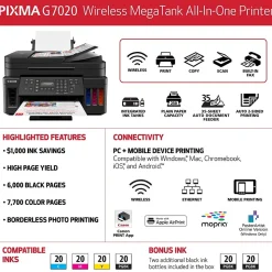 Canon MegaTank PIXMA G7020 Wireless Color Inkjet Printer, All-In-One Supertank, Print, Scan, Copy, Fax (3114C002)
