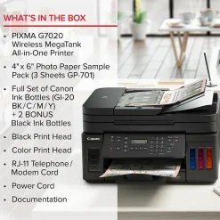 Canon MegaTank PIXMA G7020 Wireless Color Inkjet Printer, All-In-One Supertank, Print, Scan, Copy, Fax (3114C002)