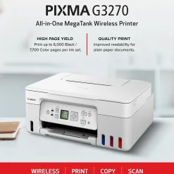 Canon PIXMA MegaTank G3270 WH Wireless Color Inkjet Printer, All-In-One Supertank, Print, Scan, Copy (G3270 WH)