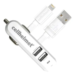 cellhelmet 4.8-Amp 3-Port USB Car Charger with USB-A to Lightning Flat Cable, 3 Feet (CAR-4.8/3-B+F-LIGHT-3-W)