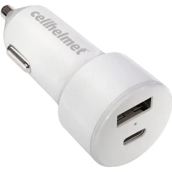 cellhelmet Dual-Port Car Charger for USB and USB-C, 20-Watt, White (CAR-PD-20W-A-C)
