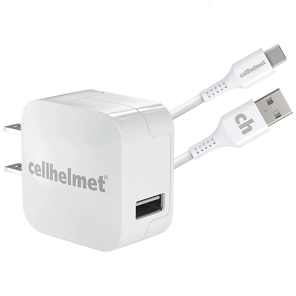 cellhelmet Single-USB Wall Charger with USB-C to USB-A Round Cable, 3 ft., 2.4-Amp, White (WALL-2.4+R-C-A-W)