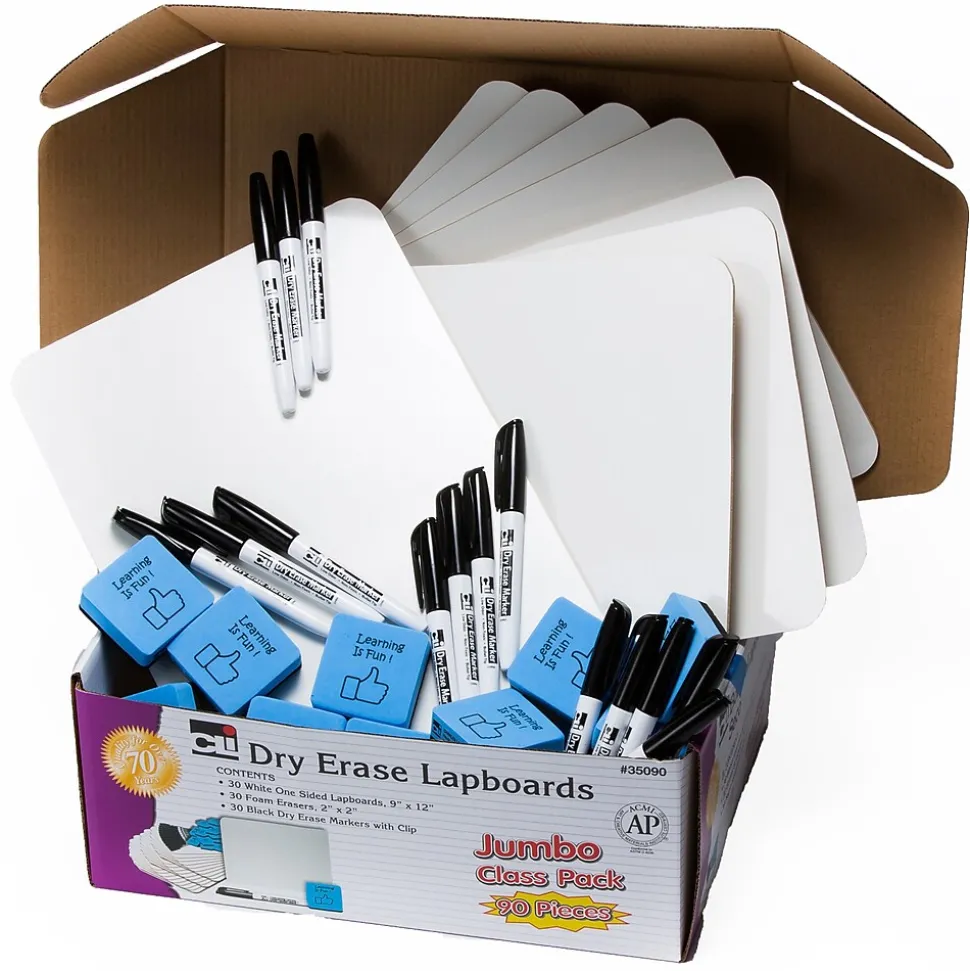 Charles Leonard Dry Erase Lap Board Jumbo Classroom Pack, 30 Boards, 30 Dry Erase Markers, 30 Multipurpose Erasers (CHL35090)