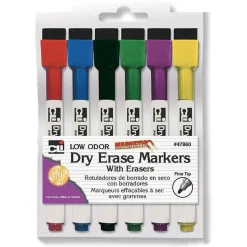 Charles Leonard Magnetic Dry Erase Markers with Erasers, Fine Tip, Assorted Colors, 6 Per Pack, 6 Packs (CHL47860-6)