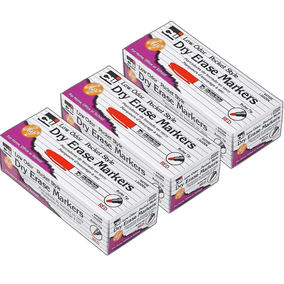 CLI Dry Erase Markers, Bullet Tip, Red, 12/Pack, 3 Packs (CHL47330-3)