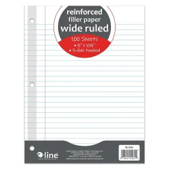 C-Line Reinforced Wide Ruled Filler Paper, 8" x 10.5", 3-Hole Punched, 100 Sheets/Pack, 6/Bundle (CLI21032-6)