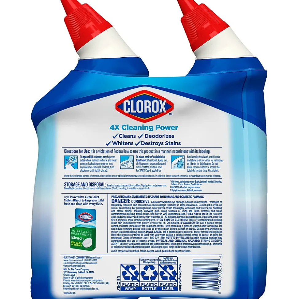 Clorox Disinfecting Toilet Bowl Cleaner with Bleach, Rain Clean Scent, 24 Oz., 2/Pack (00273)