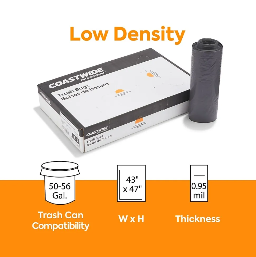 Coastwide Professional™ 50-56 Gallon Trash Bag, 43" x 47", Low Density, 0.95 mil, Gray, 100 Bags/Box (CW50715)