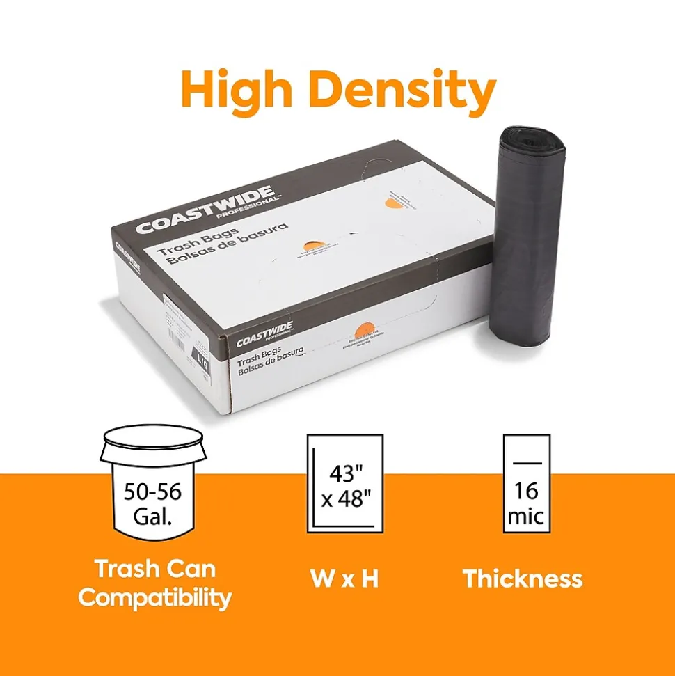 Coastwide Professional™ 50-56 Gallon Trash Bag, 43" x 48", High Density, 16 mic, Black, 200 Bags/Box (CW57392)