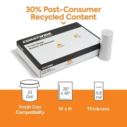 Coastwide Professional™ 23 Gallon Trash Bag with 30% PCR, 28" x 45", Low Density, 0.8 mil, Clear, 250 Bags/Box (CW62410)