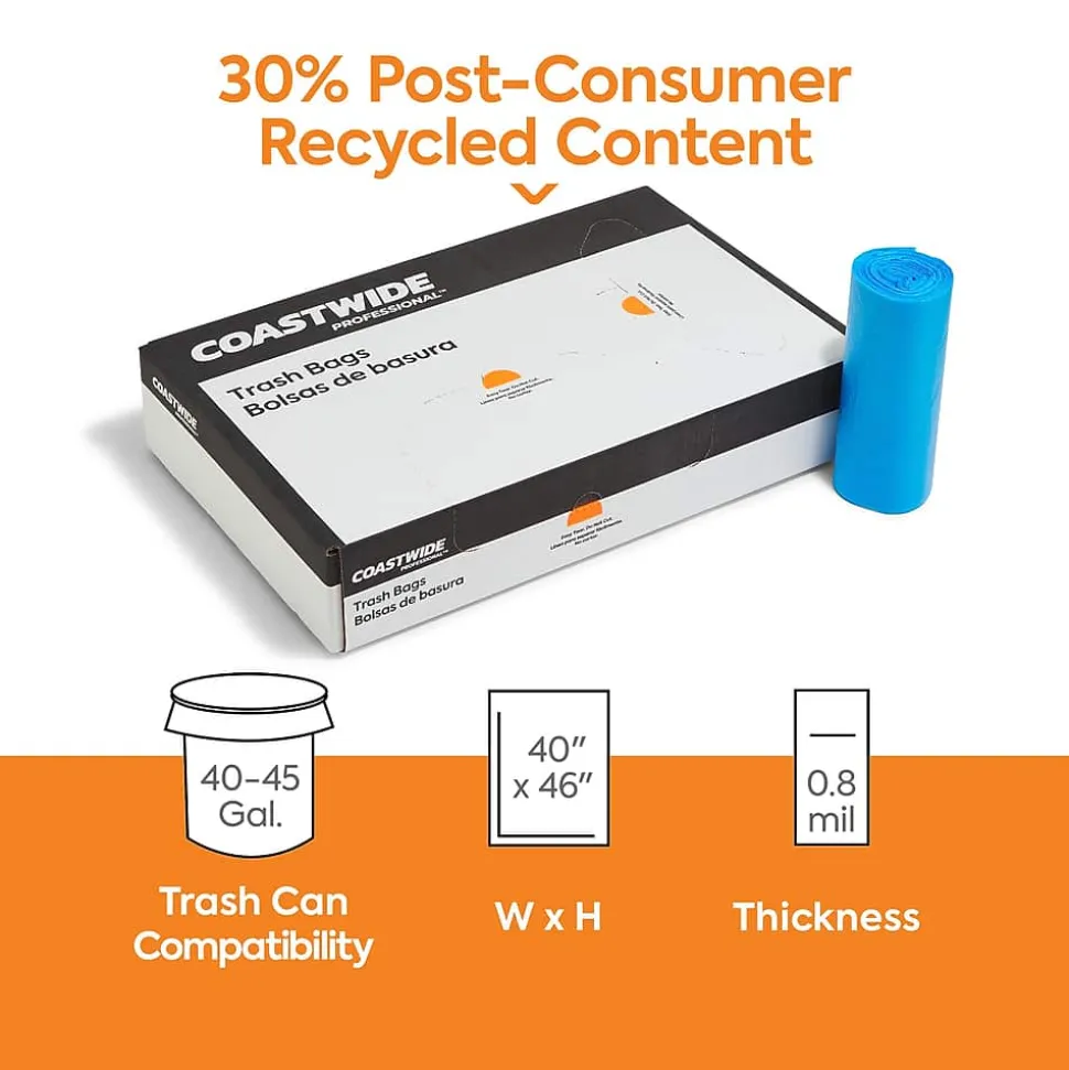 Coastwide Professional™ 40-45 Gallon Trash Bag with 30% PCR, 40" x 46", Low Density, 0.8 mil, Blue, 150 Bags/Box (CW62412)