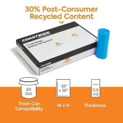 Coastwide Professional™ 60 Gallon Trash Bag with 30% PCR, 38" x 58", Low Density, 0.8 mil, Blue, 100 Bags/Box (CW62414)