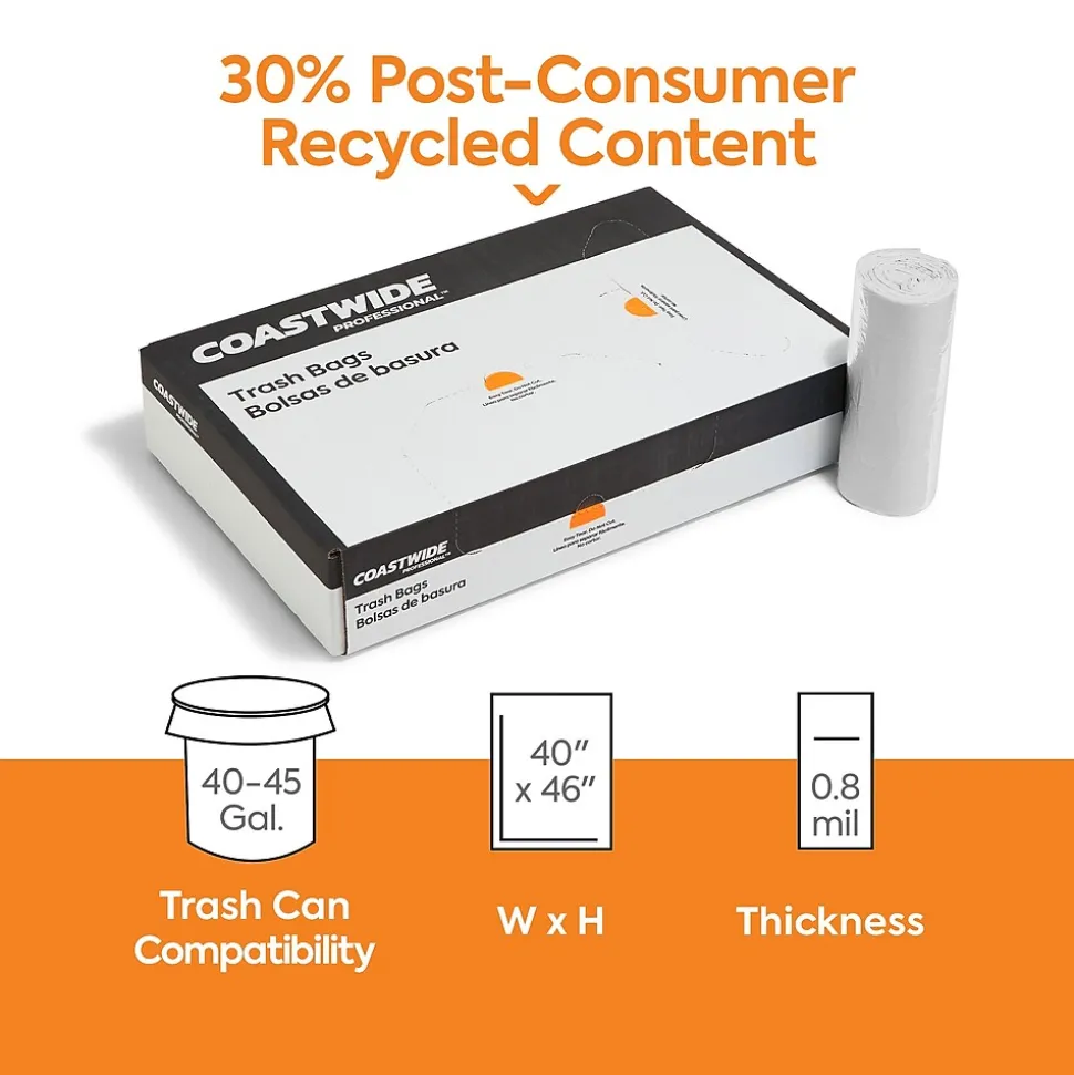 Coastwide Professional™ 40-45 Gallon Trash Bag with 30% PCR, 40" x 46", Low Density, 0.8 mil, Clear, 150 Bags/Box (CW62415)