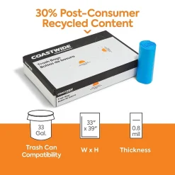 Coastwide Professional™ 33 Gallon Trash Bag with 30% PCR, 33" x 39", Low Density, 0.8 mil, Blue, 200 Bags/Box (CW62418)