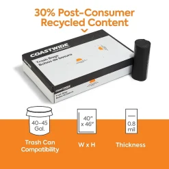 Coastwide Professional™ 40-45 Gallon Trash Bag with 30% PCR, 40" x 46", Low Density, 0.8 mil, Black, 150 Bags/Box (CW62419)
