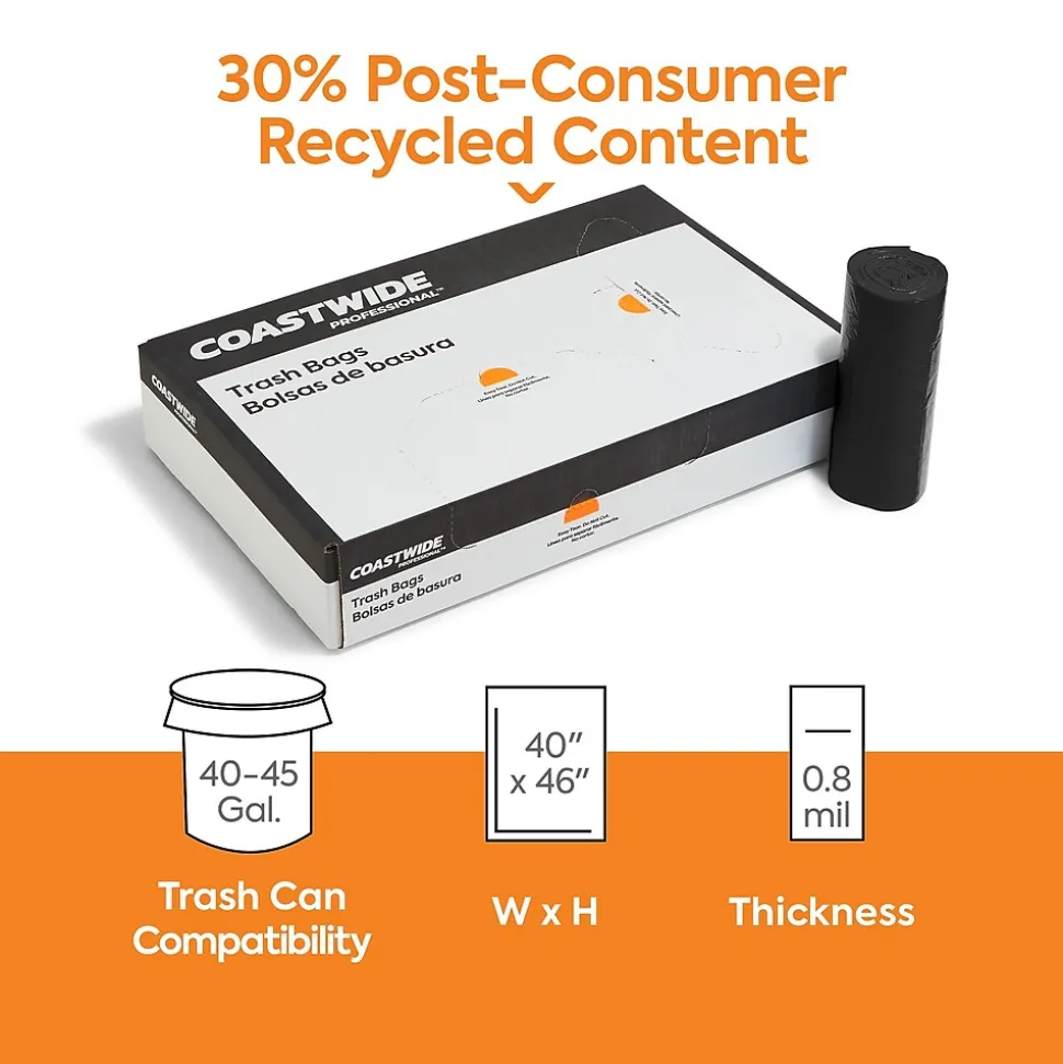 Coastwide Professional™ 40-45 Gallon Trash Bag with 30% PCR, 40" x 46", Low Density, 0.8 mil, Black, 150 Bags/Box (CW62419)