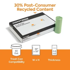 Coastwide Professional™ 60 Gallon Trash Bag with 30% PCR, 38" x 58", Low Density, 0.8 mil, Green, 100 Bags/Box (CW62423)