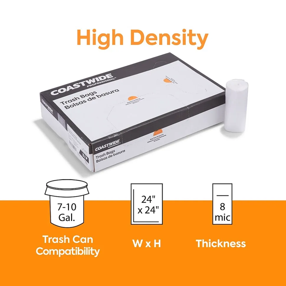 Coastwide Professional™ 7-10 Gallon Trash Bag, 24" x 24", High Density, 8 mic, Natural, 1000 Bags/Box (CW25412)
