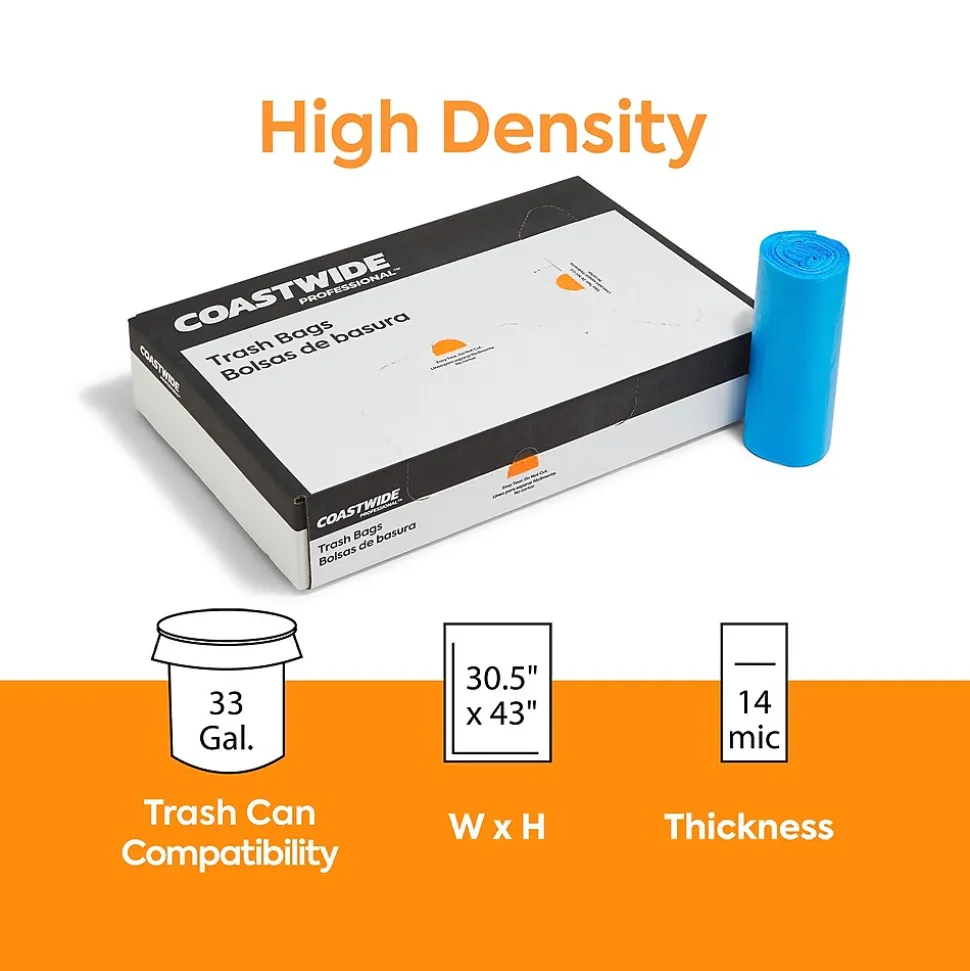 Coastwide Professional™ 33 Gallon Recycling Bags, High Density, 14 Mic., Blue, 250 Bags/Box (CW25529)