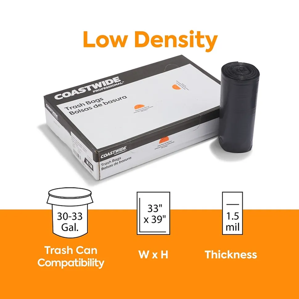 Coastwide Professional™ 30-33 Gallon Trash Bag, 33" x 39", Low Density, 1.5 mil, Black, 100 Bags/Box (CW25530)