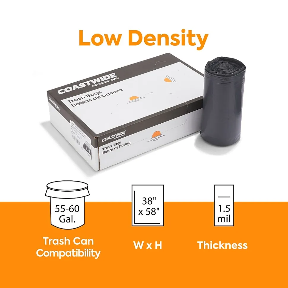 Coastwide Professional™ 55-60 Gallon Trash Bag, 38" x 58", Low Density, 1.5 mil, Black, 5 100 Bags/Box (CW25531)