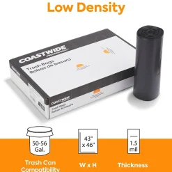 Coastwide Professional™ 50-56 Gallon Trash Bag, 43" x 46", Low Density, 1.5 mil, Black, 100 Bags/Box (CW22341)